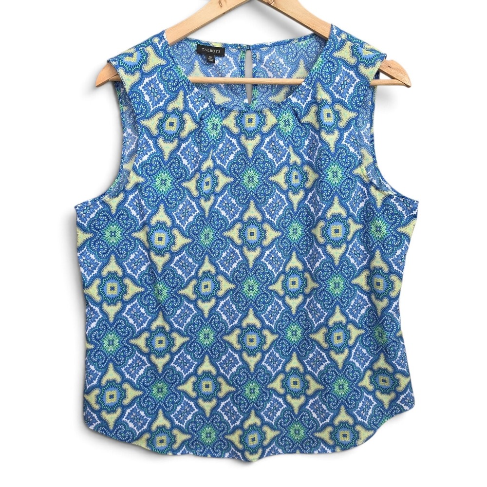 Talbots Top Womens 14 Blue Printed Keyhole Button Sleeveleses Blouse Lightweight